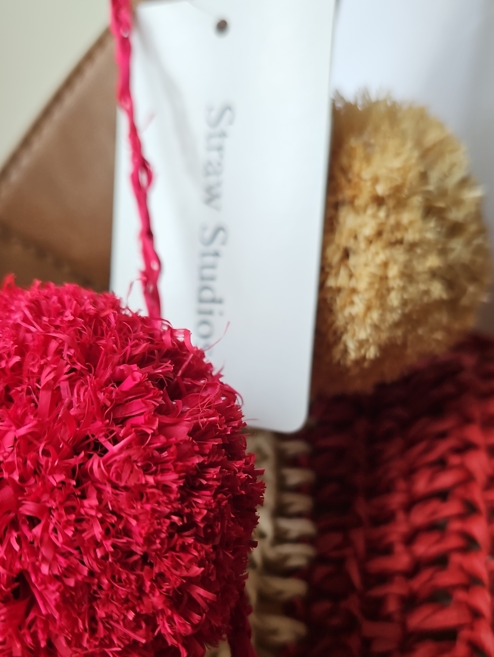 XL NWT Straw Tote Bag with Red and Cream Stripe & Pom Pom Accents - Picture 2 of 4